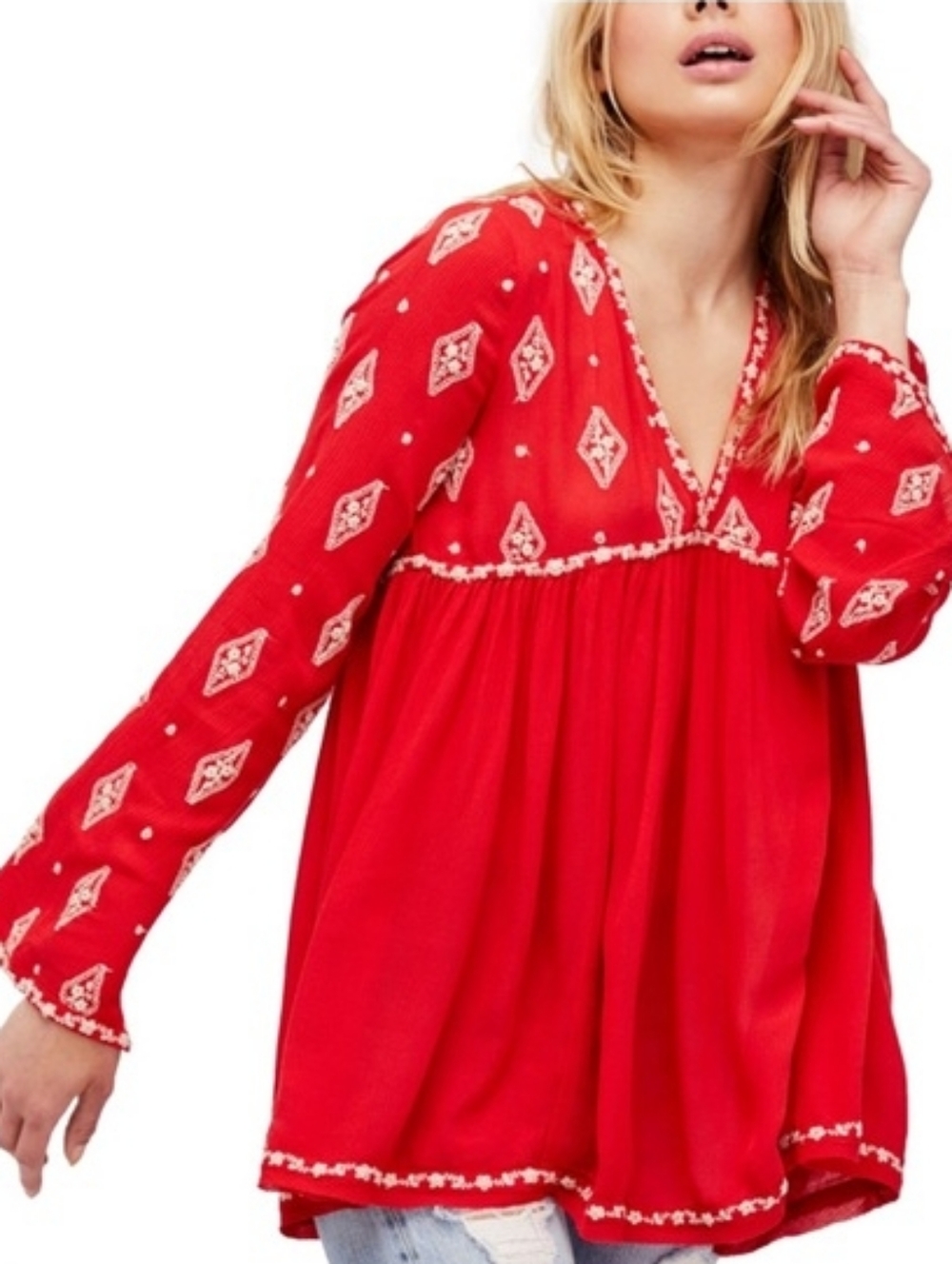 Free People Red Diamond Floral Cream Embroidered Boho Top Tunic Sz Large WT136 - Picture 3 of 9